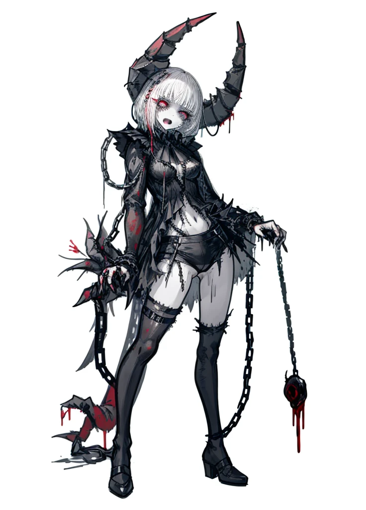 1girl,spider, insect, white hair, blood tears, dark circles under eyes, cursed,(blood covered, chains), scar covered, (high resolution, high detail, best quality), pain, scream, scream
