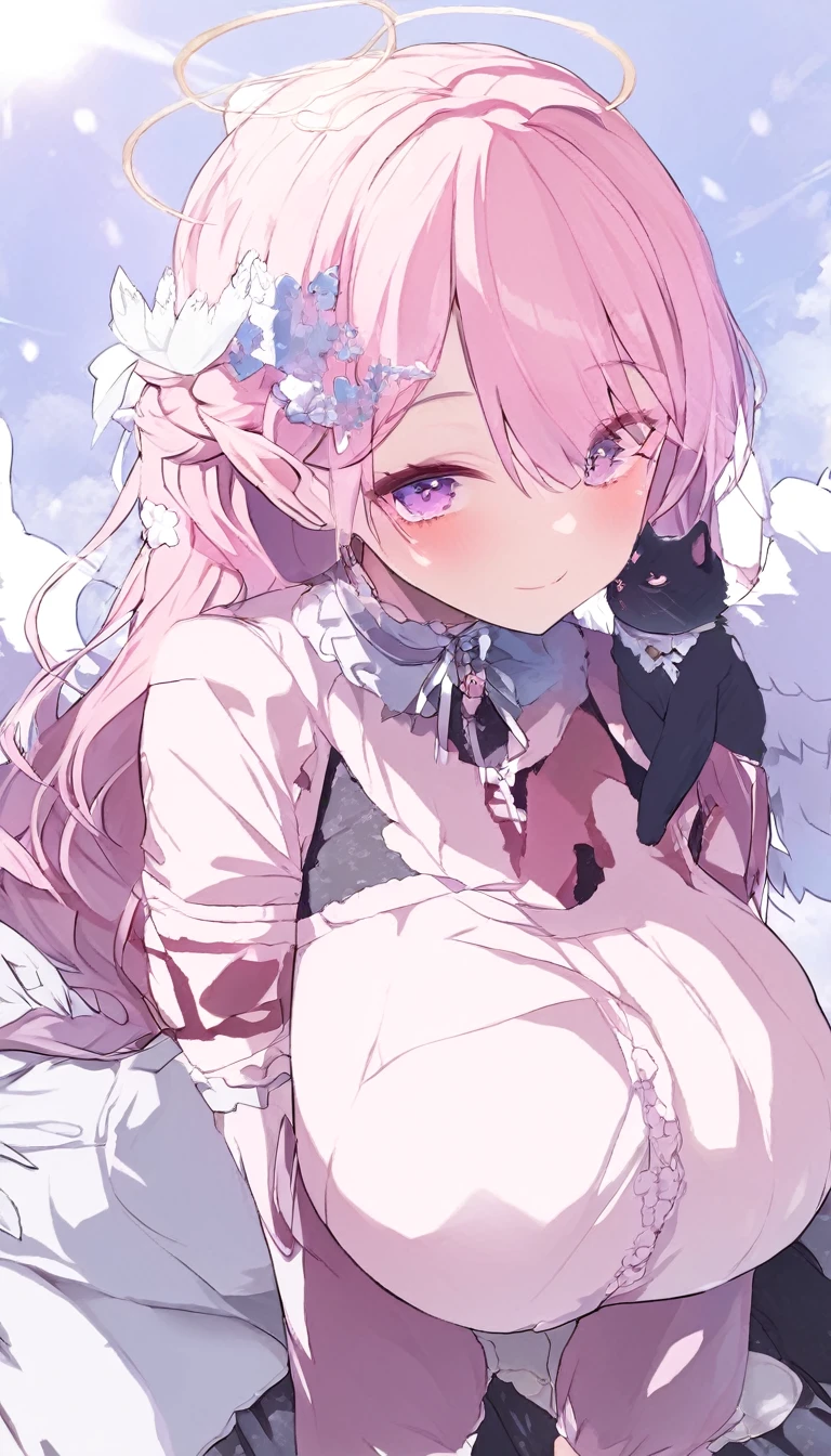 1 22-year-old girl, Pink Hair, Long double ponytail, Pink shirt, Fluffy collar, White fluffy skirt, White ribbon on hair, Lots of hair accessories, Lolita,(Huge breasts:1.8)