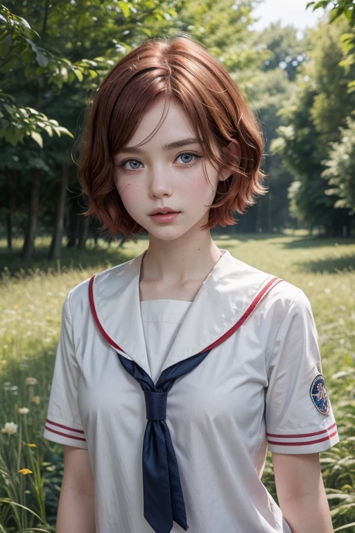 A girl with short red hair and Heterochromia wearing a sailor uniform in a field full of trees and 