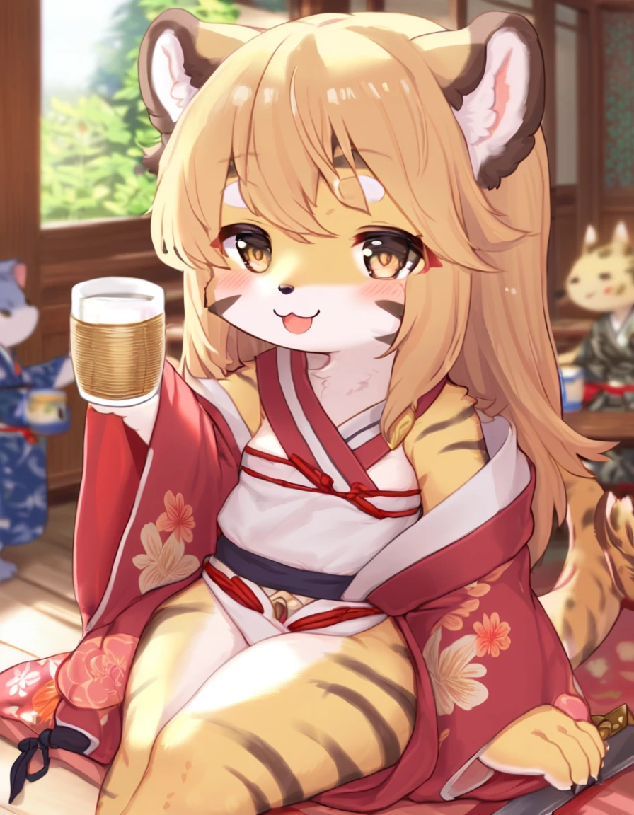 ((Tiger Girl、Sword in right hand、The left hand does not hold anything、))、(masterpiece、cute))、(kimono、A Cup)alone、kemono、Cat girl、Female furry,Chibi Character、Background crop、humanoid cheetah、Fantasy、