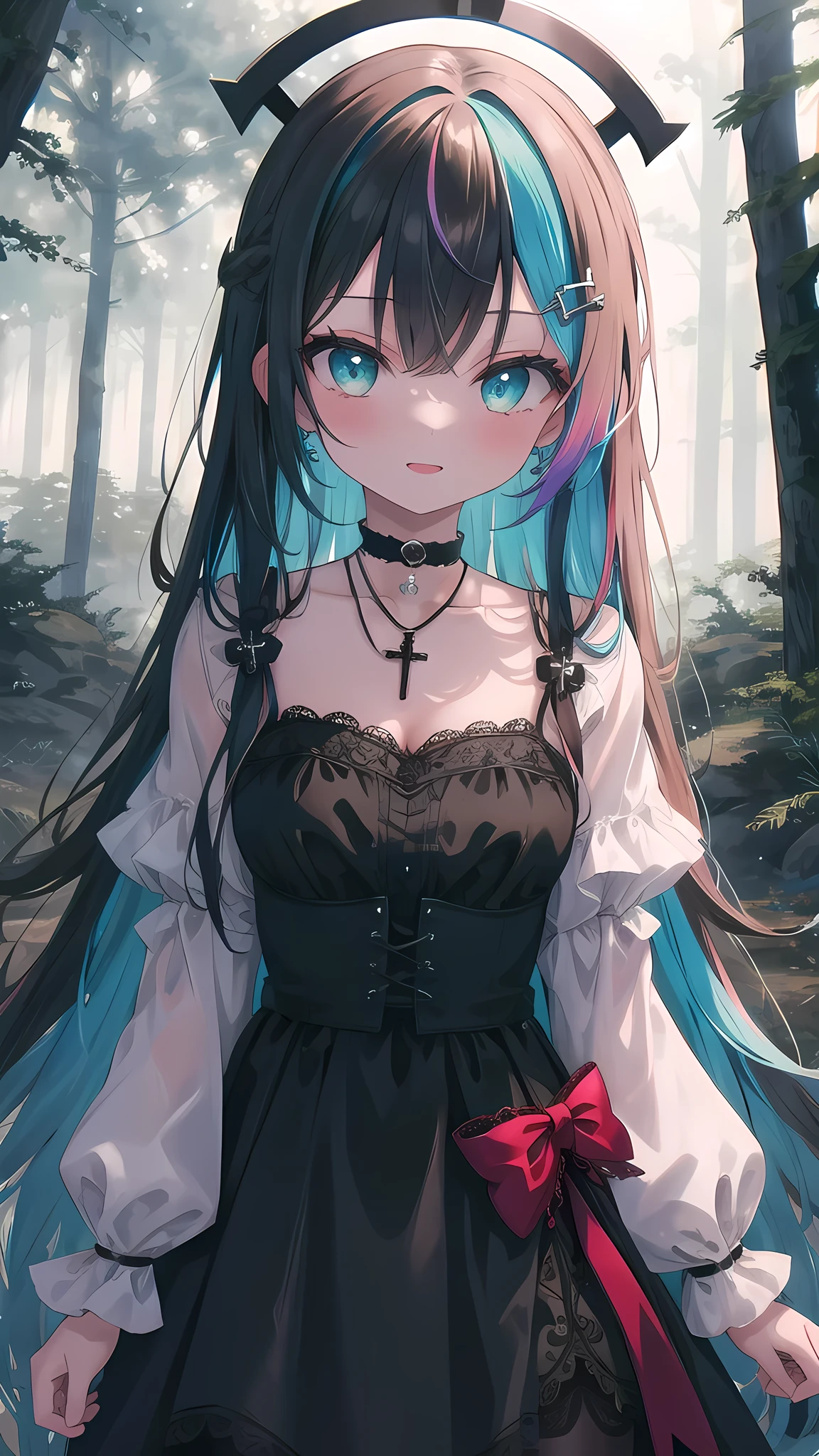 (8K, best quality, master piece: 1.2),super high resolution,1 girl, solo, cowboy shot ,ultra-detailed face, silme, Rainbow hair, thin hair clip, cyan colorshift eyes, expressive eyes, Ecstatic expression, Gothic dress, velvet, lace, black, red, choker, cross pendant, Ancient forest, green, brown, misty white, dim, misty and mystical