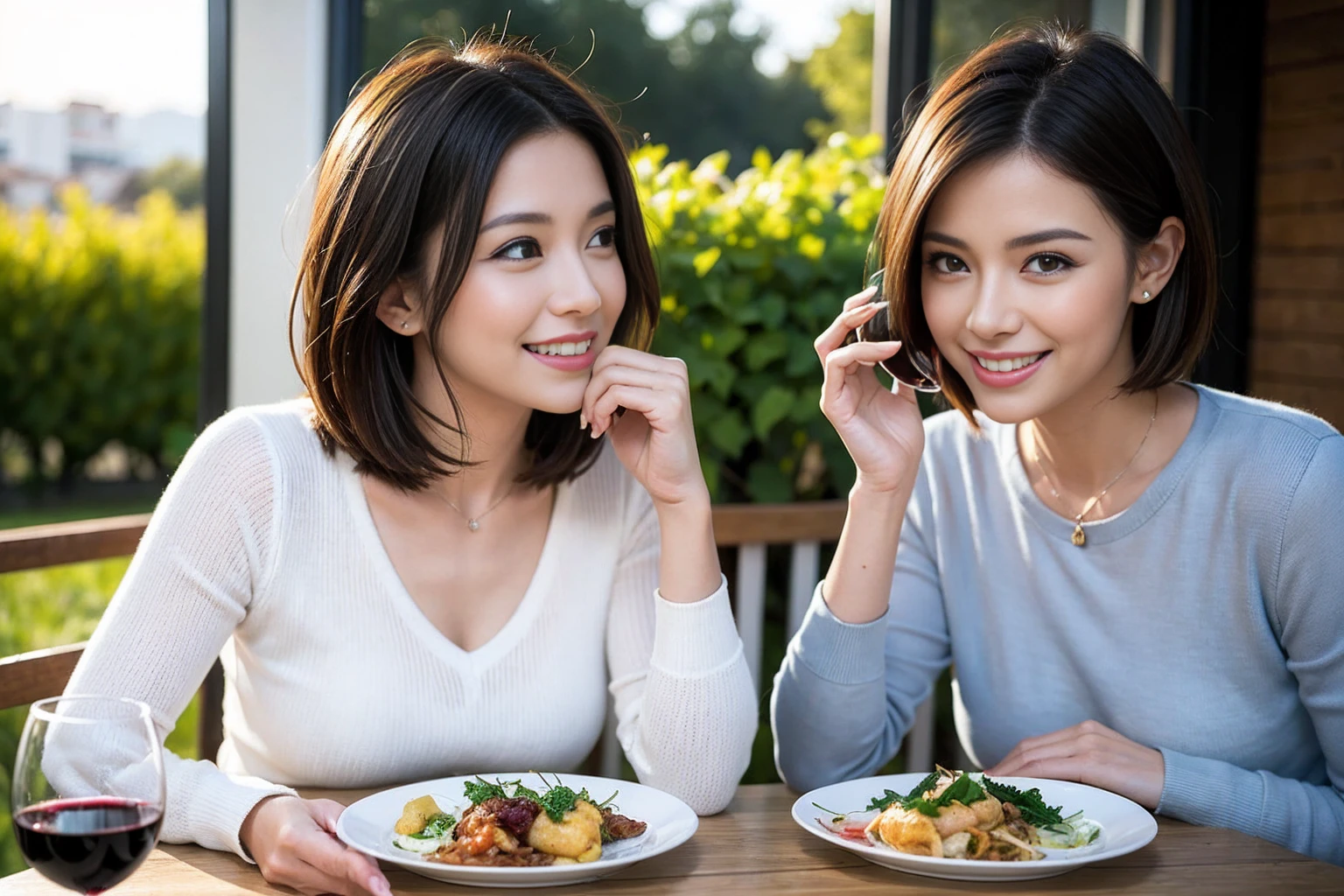 (Realistic:1.1),(masterpiece,Highest quality),8k,(40 years old), 42 years old, slimカップル、Model Couple、Actress/Actor、Tight waist,Upper Body,full-course dinner、wine 、Amazing view of the sunset sky and clouds、Perfect Anatomy, Brown Hair, Short Hair,Random Hairstyles,((Highly detailed face and eyes:1.2))(cute顔:1.4),Beautiful actress face,Perfect golden ratio face,Long sleeve shirt、dress,(smile:1.2)、Shortcuts、cute、(Realistic, Intricate details:1.2), A bright smile、short hair,Bright Face、赤wine 、Appetizers、Italian food、wine bottle、Champagne、スパークリングwine、(slimな顔), (The body is slim), (Brown Hair), (Shortcuts), Upper Body, 白wine, slim, wineグラス,