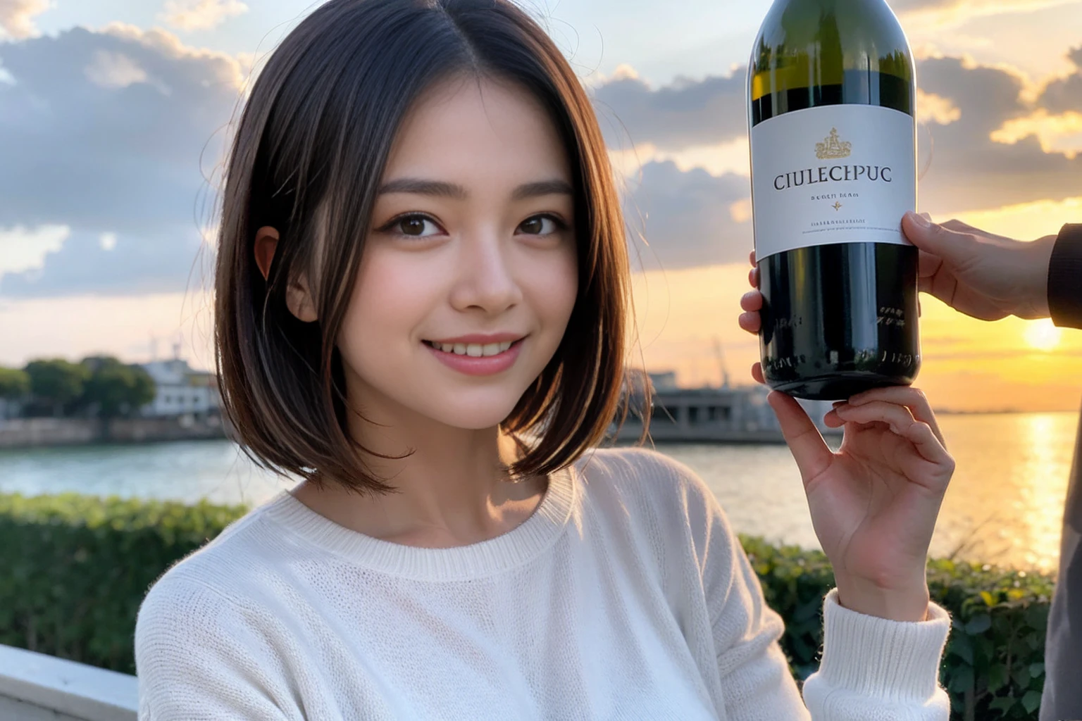 (Realistic:1.1),(masterpiece,Highest quality),8k,(40 years old), 42 years old, slimカップル、Model Couple、Actress/Actor、Tight waist,Upper Body,full-course dinner、wine 、Amazing view of the sunset sky and clouds、Perfect Anatomy, Brown Hair, Short Hair,Random Hairstyles,((Highly detailed face and eyes:1.2))(cute顔:1.4),Beautiful actress face,Perfect golden ratio face,Long sleeve shirt、dress,(smile:1.2)、Shortcuts、cute、(Realistic, Intricate details:1.2), A bright smile、short hair,Bright Face、赤wine 、Appetizers、Italian food、wine bottle、Champagne、スパークリングwine、(slimな顔), (The body is slim), (Brown Hair), (Shortcuts), Upper Body, 白wine, slim, wineグラス,