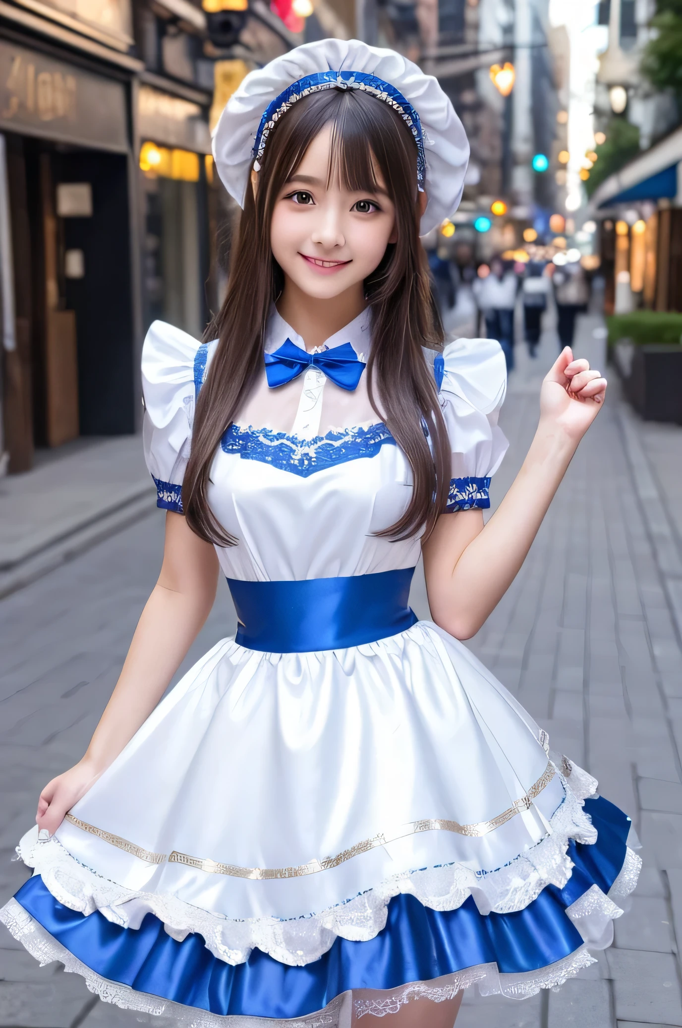 (Very beautiful cute girl), (very cute face:1.2),11 yo, (sparking crystal clear attractive large eyes), best looks, Beautiful detailed eyes, Detailed double eyelids, (smiling), (realistic photograph:1.2), long straight hair, (Super shiny white and metallic blue maid costume :1),beautiful apron and skirt, (metallic blue Maid costume:1),cowboy shot,in the street