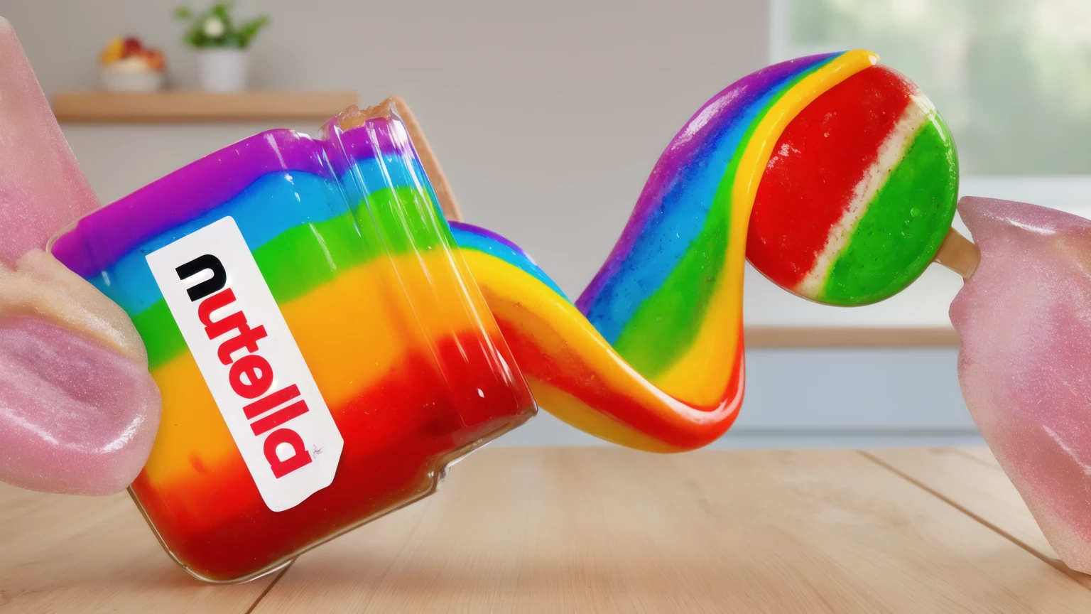 on a wooden table, glass jar with rainbow peanut butter, ice cream dipped in rainbow peanut butter, rainbow peanut butter stretch. against the background of the kitchen .beautiful lighting, Beautiful sunlight, bright lighting, Realistic style , realistic texture, detailed texture, a high resolution, high quality, ultra hd 4k, 