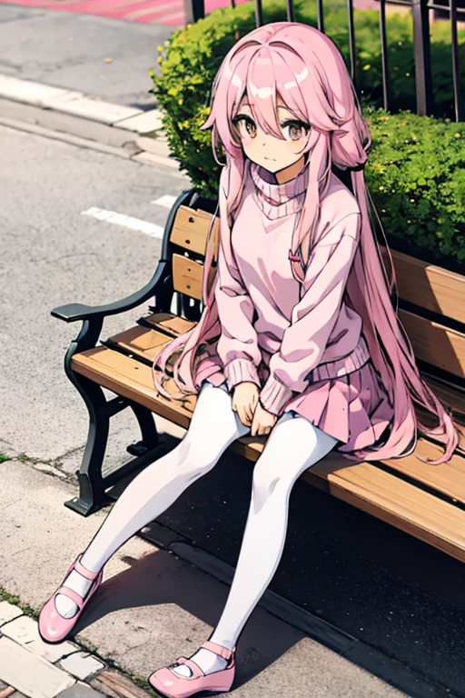 Anime girl, long hair, straight hair, pink hair, pink sweater, pink skirt, white pantyhose, Pink Ankle Strapped Ballerina Flat Shoes, Park, sitting on bench