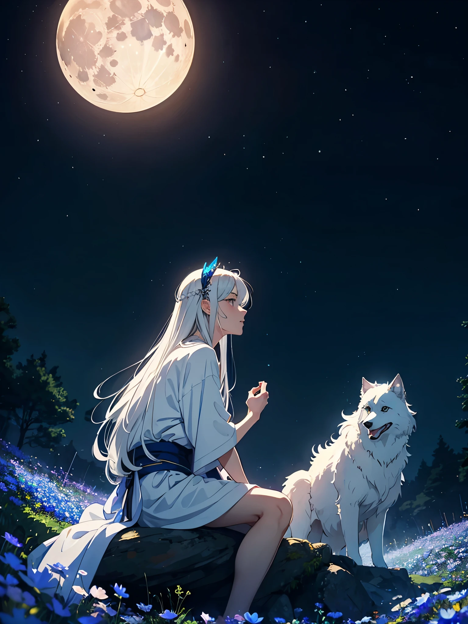 With white owl. Blauer Mund. Silberner Schmuck. Göttlich. Geweih auf dem Kopf. Kimono. Big Wolf. day lights. More anime. light blue light. Bright bright light. magical. Moon. Sitting on a big white wolf. Lightening flowers. More anime. male. Blue flowers. Long hair. long white hair. aquatic, boy, God of the Moon, silver hair accessories, White hair.