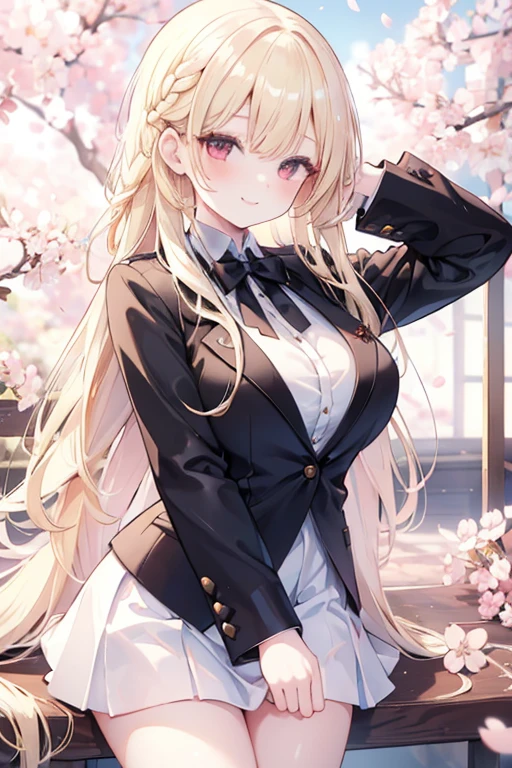 young girl, blonde hair, red eyes,beautiful and detailed eyes, big breasts, long hair,european braid hairstyles, happy smile, black shirt,white blazer, black mini skirt, (cherry blossom garden )