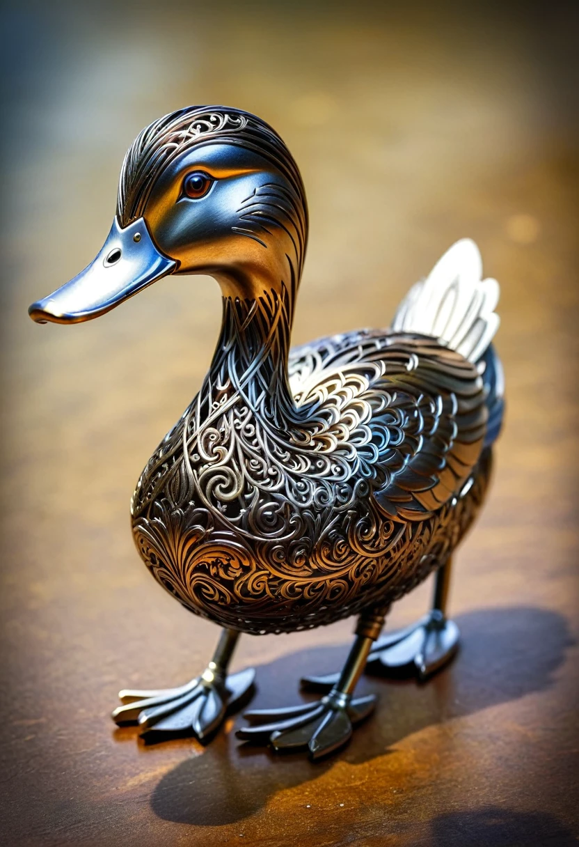 A cute little duck made of metal, (:1.1), ([Tail | deTailed wire]:1.3), (intricate deTails), HDR, (intricate deTails, hyperdeTailed:1.2), Lenses, Vignette, Center