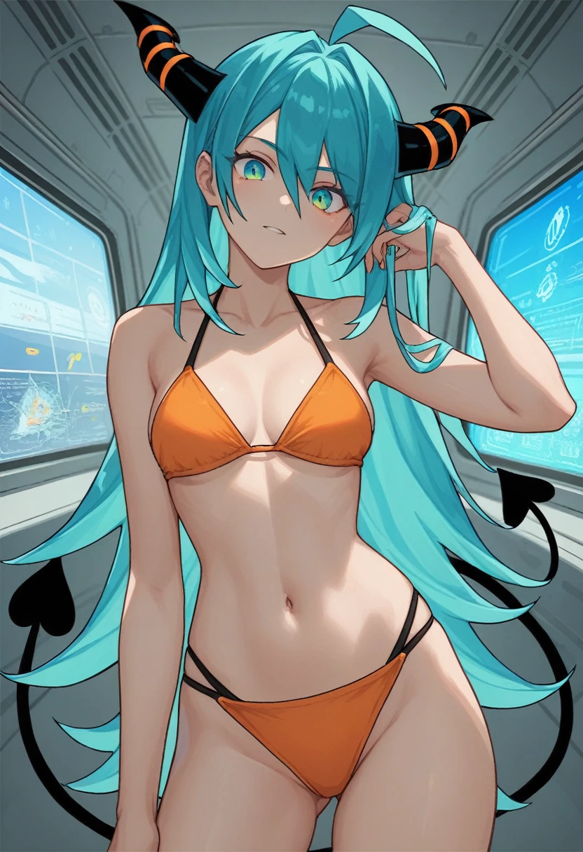 score_9, score_8_up, score_7_up,1 daemon woman, black  horns, black demon tail, (aquamarine hair),aquamarine green color hair,ahoge, long hair, (long hair),bangs, light orange bikini, bikini is orange, bikini orange, orange bikini!, (aquamarine eyes), background is spaceship, aquamarine eyes, 1woman ,facing viewer, daemon girl,  close up,Well-endowed, alone, Spacecraft interior, sexy pose