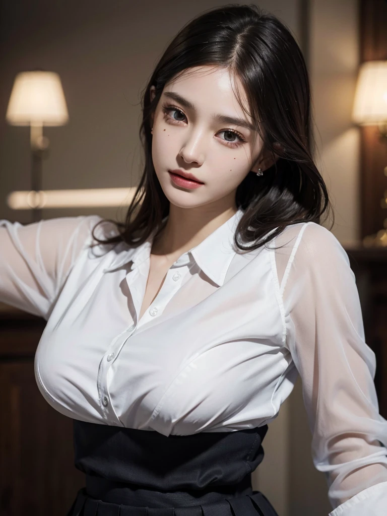 absurdres, RAW photo, extremely delicate and beautiful, masterpiece, Best Quality, ultra high resolution, 32k, hyperrealistic, ultra-detailed, perfect anatomy, super Detailed skin, perfect figure, Super Beauty, Perfect Style, Perfect balance, Beautiful Lighting, Perfect Lightning, Realistic Shadows, 20 years old, very Slim body, narrow waist, very small head, very small face, delicate facial features, handsome detailed woman, very detailed eyes and face, realistic face proportions, Realistic beautiful face, Realistic beautiful eyes, tearful mole, earring, very huge round breasts, legs, medium hair, whole body shot, indoor, school_uniform, dress shirt, pleated skirt,