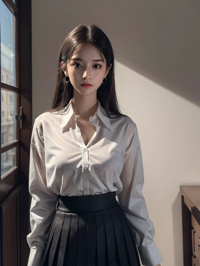 absurdres, RAW photo, extremely delicate and beautiful, masterpiece, Best Quality, ultra high resolution, 32k, hyperrealistic, ultra-detailed, perfect anatomy, super Detailed skin, perfect figure, Super Beauty, Perfect Style, Perfect balance, Beautiful Lighting, Perfect Lightning, Realistic Shadows, 20 years old, very Slim body, narrow waist, very small head, very small face, delicate facial features, handsome detailed woman, very detailed eyes and face, realistic face proportions, Realistic beautiful face, Realistic beautiful eyes, tearful mole, earring, very huge round breasts, legs, medium hair, whole body shot, indoor, school_uniform, dress shirt, pleated skirt,