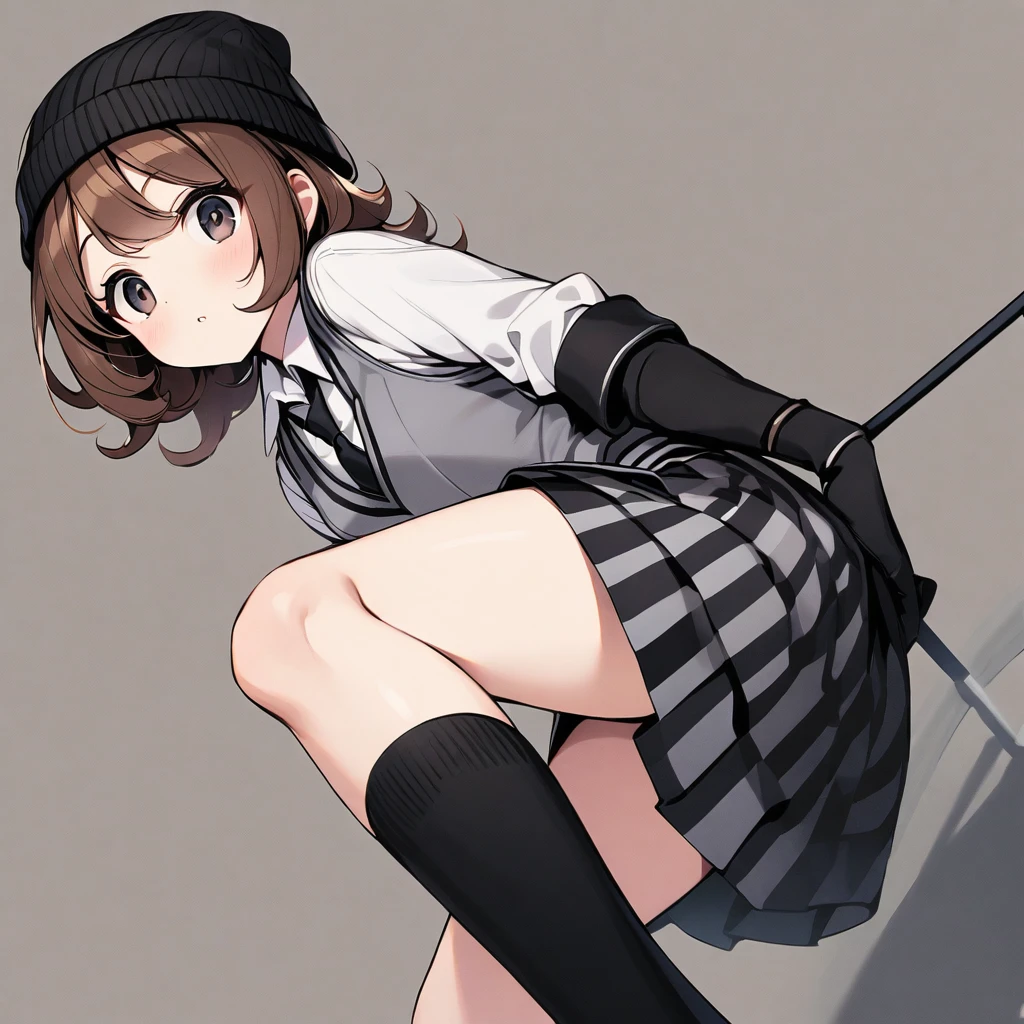 (well done:1)woman, short wavy brown hair, black eyes, black beanie with gray stripes, gray vest with thin black stripes with a tie, white shirt underneath, black and white checkered skirt, black gloves, black boots, socks to the end of the thighs.