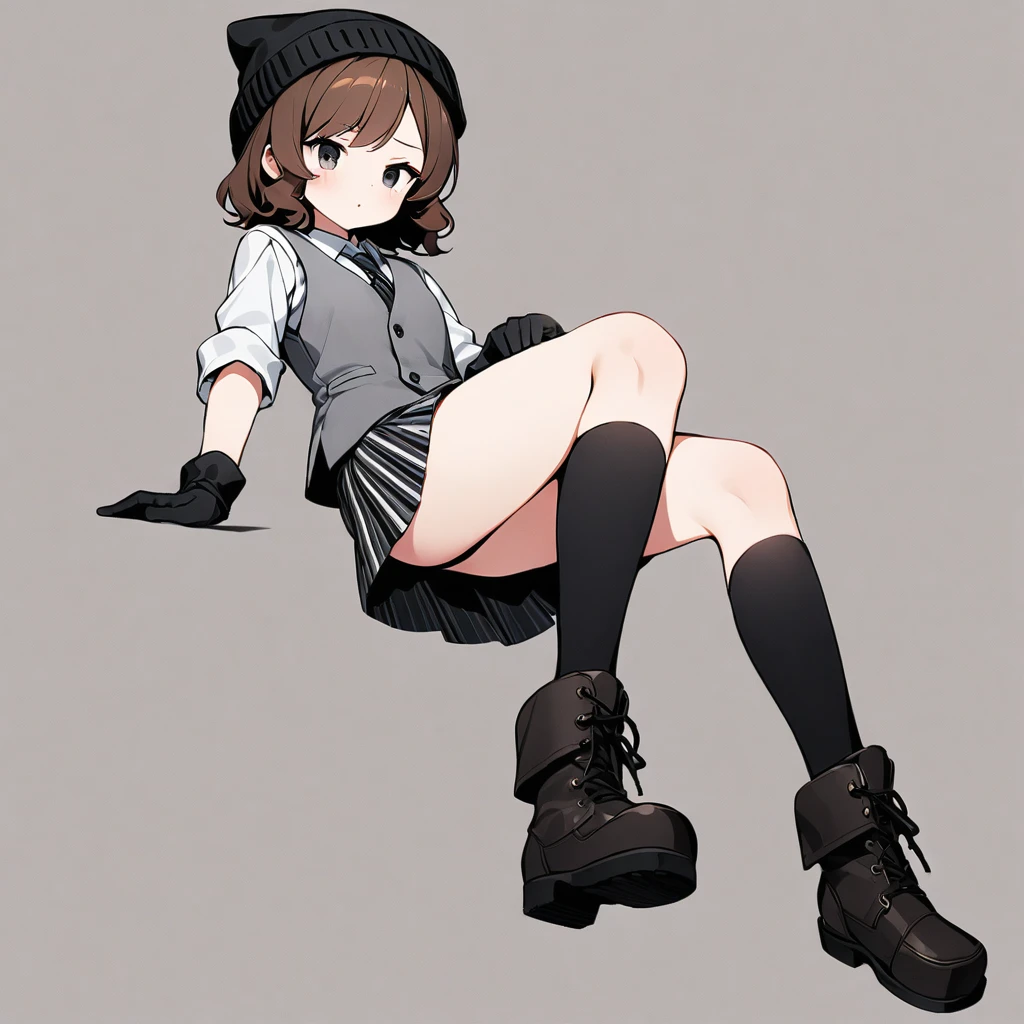 (well done:1)woman, short wavy brown hair, black eyes, black beanie with gray stripes, gray vest with thin black stripes with a tie, white shirt underneath, black and white checkered skirt, black gloves, black boots, socks to the end of the thighs.