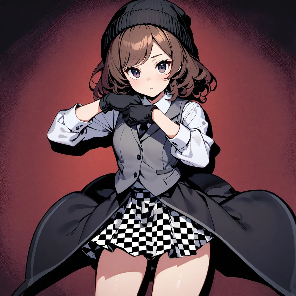 (well done:1)woman, short wavy brown hair, black eyes, black beanie with gray stripes, gray vest with thin black stripes with a tie, white shirt underneath, black and white checkered skirt, black gloves, black boots, socks to the end of the thighs.