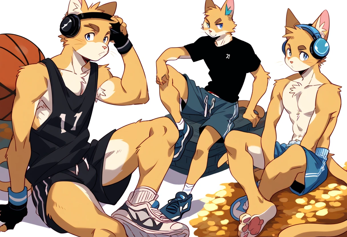 score_9, score_8_up, score_7_up, male, furry, high quality, hires, anthro, teenager, , domestic cat, basketball player, bright yellow fur, blue eyes, wide brown eyebrows, confidant expression, humanoid feet, slim body, prominent v-line, prominent abs, prominent legs, prominent forearm, prominent knees, white background, treasure trail, armpit hair, furry legs, in various sexy poses, headphones, casual clothes, joggers, black shirt, shorts, sitting, showing off,