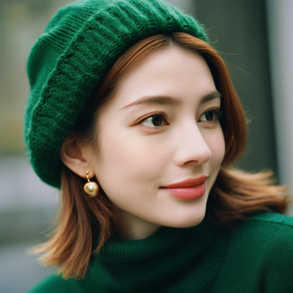 Closeup profile angle portrait photo of a beautiful face cute ginger Japanese kawaii woman,still from the film, (Anne Hathaway look alike face: 0.9), smile, wearing a green sweater and an animal beanie, hyperrealistic photography, Leica SL3, Summicron-SL 75 f/2 ASPH, Kodak Gold 200 film,