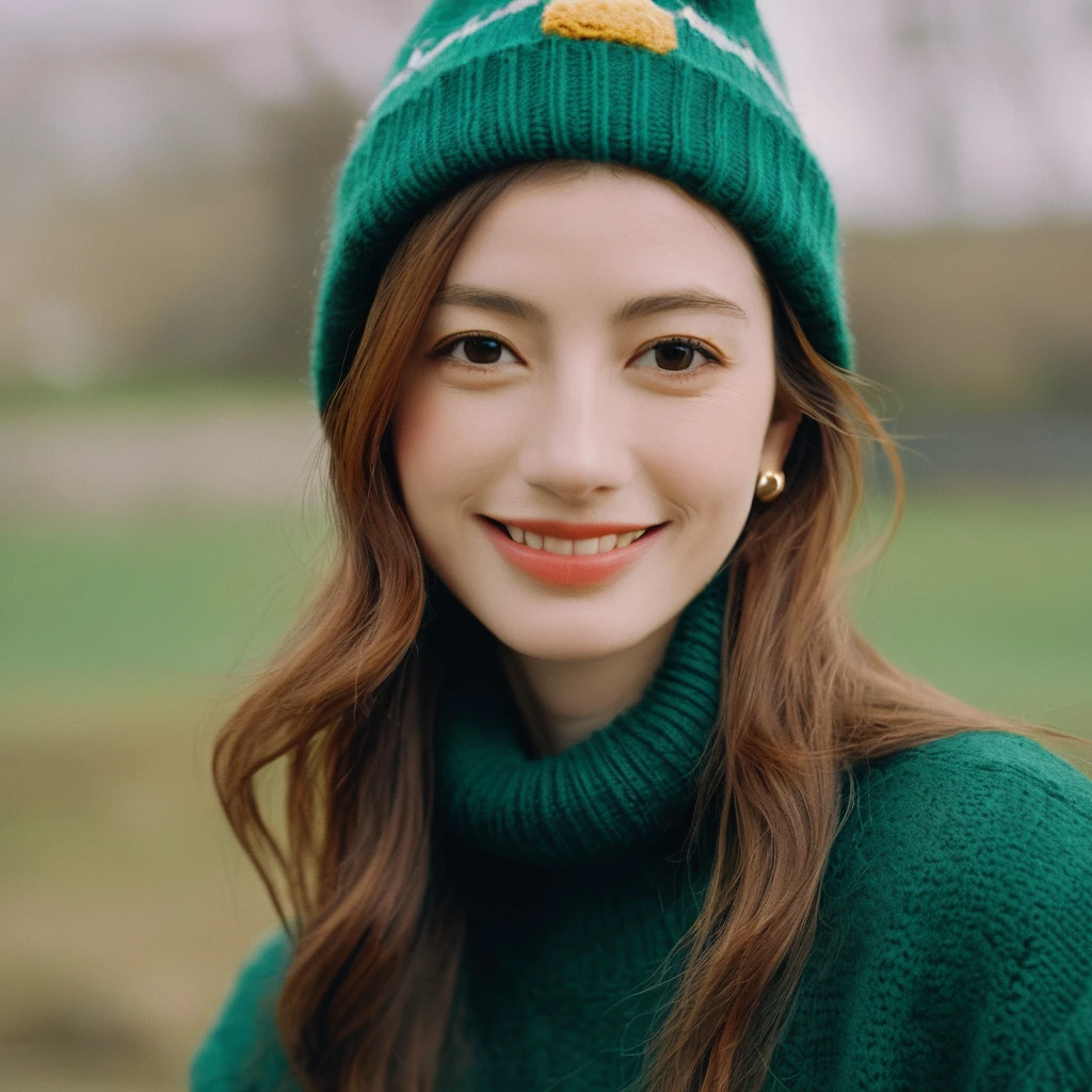 Closeup profile angle portrait photo of a beautiful face cute ginger Japanese kawaii woman,still from the film, (Anne Hathaway look alike face: 0.9), smile, wearing a green sweater and an animal beanie, hyperrealistic photography, Leica SL3, Summicron-SL 75 f/2 ASPH, Kodak Gold 200 film,