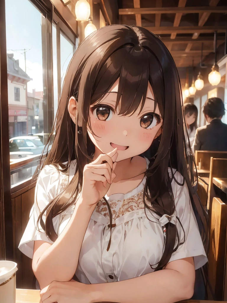 (With a girl、、Brown hair、Semi-long hair、Straight hair、hair ornaments、Light brown eyes、Laughter、、Cute Face)、masterpiece、Highest quality、Blouse with lace、Black trousers、restaurant、toast、coffee