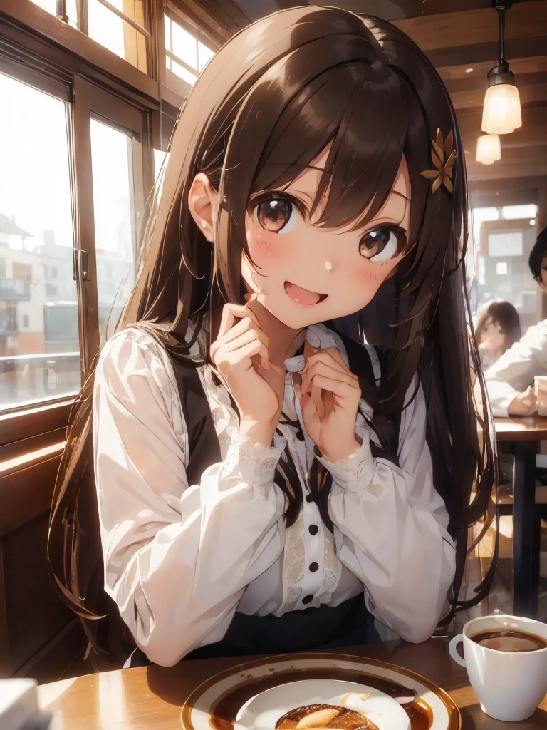 (With a girl、、Brown hair、Semi-long hair、Straight hair、hair ornaments、Light brown eyes、Laughter、、Cute Face)、masterpiece、Highest quality、Blouse with lace、Black trousers、restaurant、toast、coffee