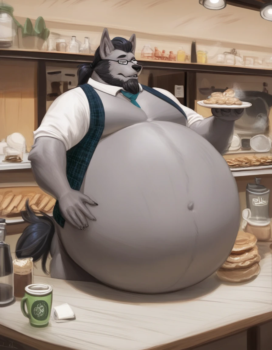 score_9, score_8_up, score_7_up, score_6_up, score_5_up, score_4_up, desolate, detailed background, cafe, anthro wolf, male, gray fur color, hair in low ponytail, beard, mature glasses, button up vest with tie, slacks, holding tray with coffee, calming expression, fullbody, inflating, hyper belly