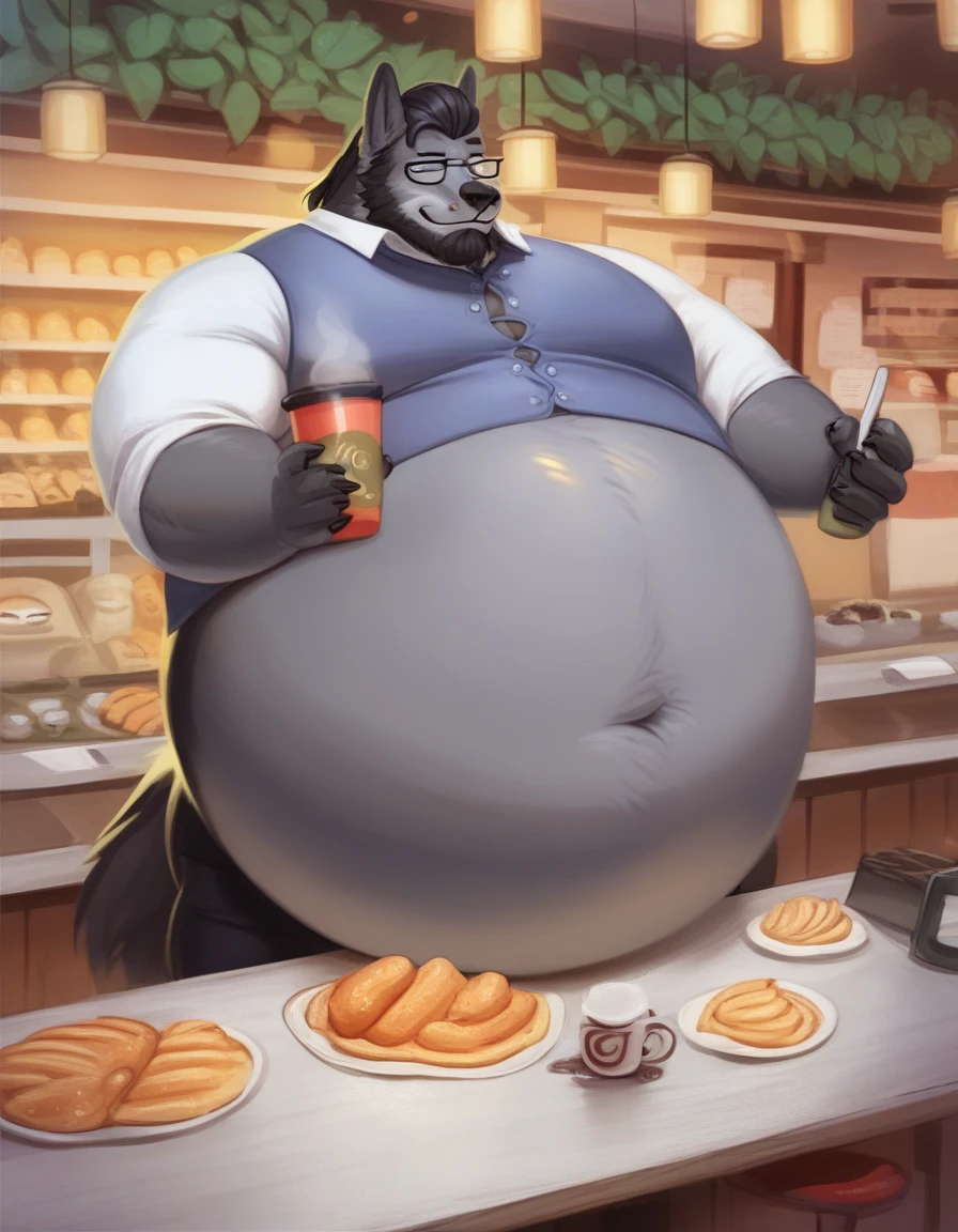 score_9, score_8_up, score_7_up, score_6_up, score_5_up, score_4_up, desolate, detailed background, cafe, anthro wolf, male, gray fur color, hair in low ponytail, beard, mature glasses, button up vest with tie, slacks, holding tray with coffee, calming expression, fullbody, inflating, hyper belly