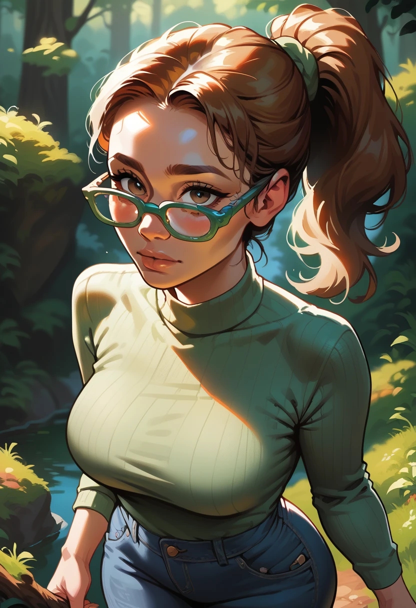 1girl, european girl, 18 years old, long light-brown hair, ponytail curvy hair, cute face, average breast, green sweater, jeans, forest, source_realictic, deatiling painting, brown eyes, detailing body, detailing face, view from above, glasses