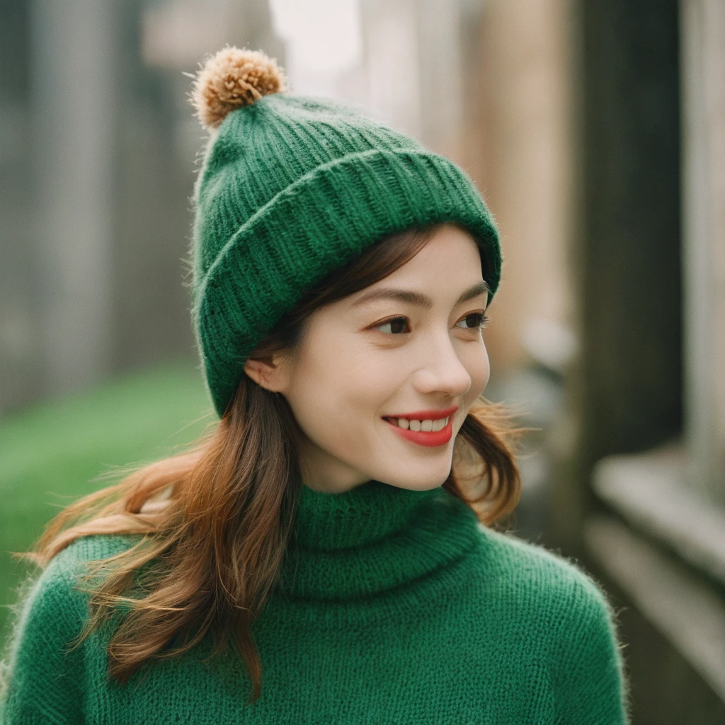 Closeup profile angle portrait photo of a beautiful face cute ginger Japanese kawaii woman,still from the film, (Anne Hathaway look alike face: 0.9), smile, wearing a green sweater and an animal beanie, hyperrealistic photography, Leica SL3, Summicron-SL 75 f/2 ASPH, Kodak Gold 200 film,