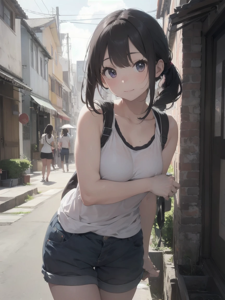 (Masseter muscle area:1.3)、(In 8K、Highest quality: 1.4、masterpiece、 Ultra-high resolution、 Highest Resolution,、Very detailed、 Professional Lighting、 Gray Light Lighting、Low angle from below、Lined with old Japan houses、Backstreets、Uchiha crouches、Beautiful woman, Small Face、White skin、17 years old、Bright smile、(Black-haired、The hair at the back is tied up in a bun)、(Street fashion、Fitted Tank Top、Short cargo pants、Sandals)、Long, slender legs、Beautiful hip line、Beautiful spine、My back is hunched、Tight waist、Upturned buttocks、Brown eyes,The cheeks of the face are a little red, Beautiful breasts、Her chest is an A cup、