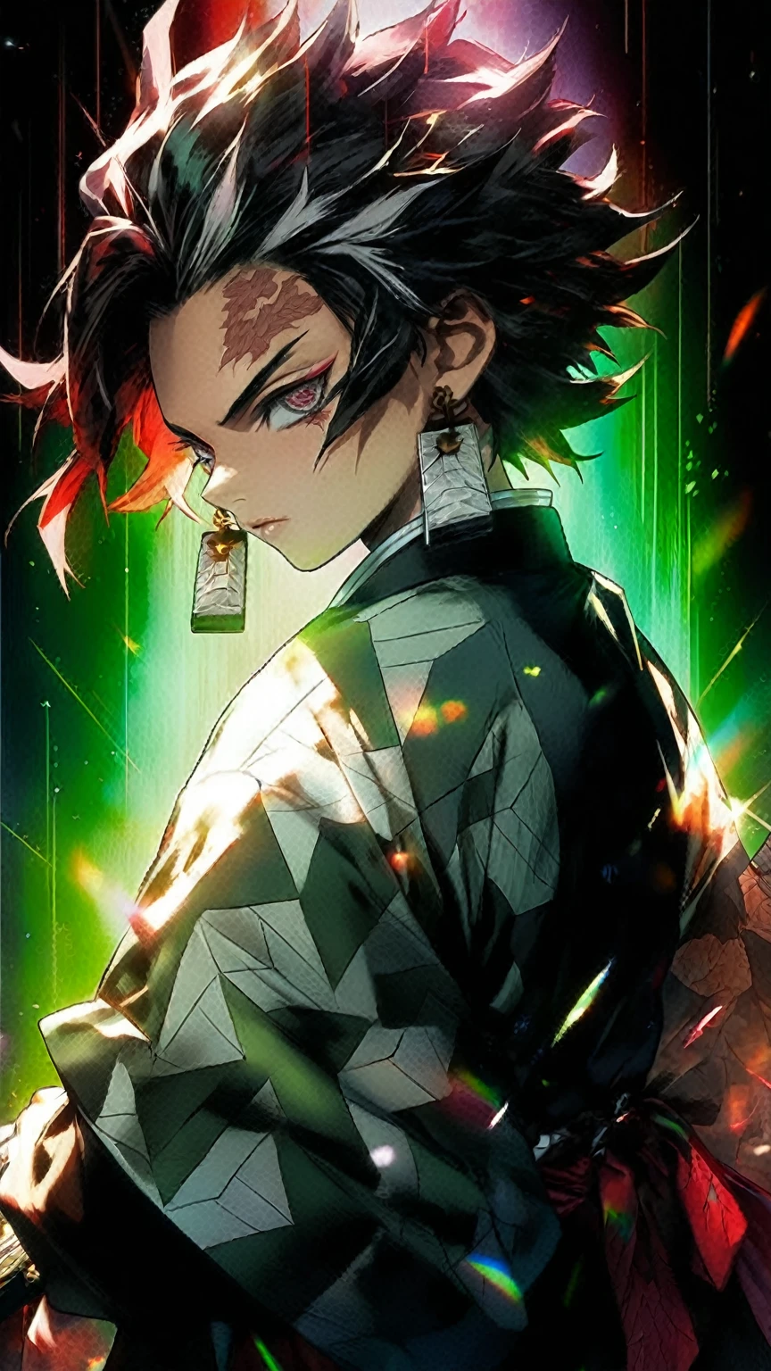 a close up of a person with a black hair and a green and red background, handsome guy in demon slayer art, kimetsu no yaiba, demon slayer artstyle, demon slayer rui fanart, key anime art, anime cover, key anime visuals, demon slayer, makoto, official art, official anime artwork, detailed key anime art, anime wallaper
