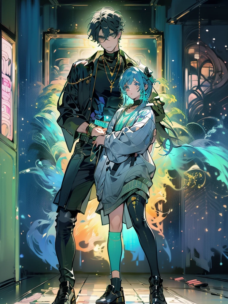 ((Full body image)), ((Just one person)). A young adult man with fair skin, fit well-toned body. He has big mint eyes. His hair is navy blue, short and wavy, in a messy undercut hairstyle. His hair has curtain bangs and is very voluminous. He wears a mint bandana on his forehead, has a very colorful and lively outfit. He wears a mint green synthetic leather jacket, a black shirt underneath, black jogger pants and mint-colored high-top sneakers. He has a determined look on his face and is standing in the middle of an arcade with several vibrant colors.
