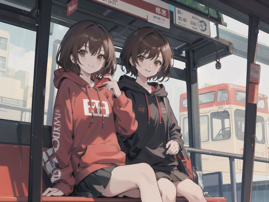 anime girl, brown hair, short hair, red hoodie, overhauls, sitting down, bus stop, raining, looking at phone, smiling, cute, melancholic