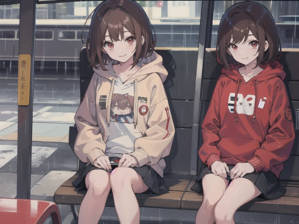 anime girl, brown hair, short hair, red hoodie, overhauls, sitting down, bus stop, raining, looking at phone, smiling, cute, melancholic
