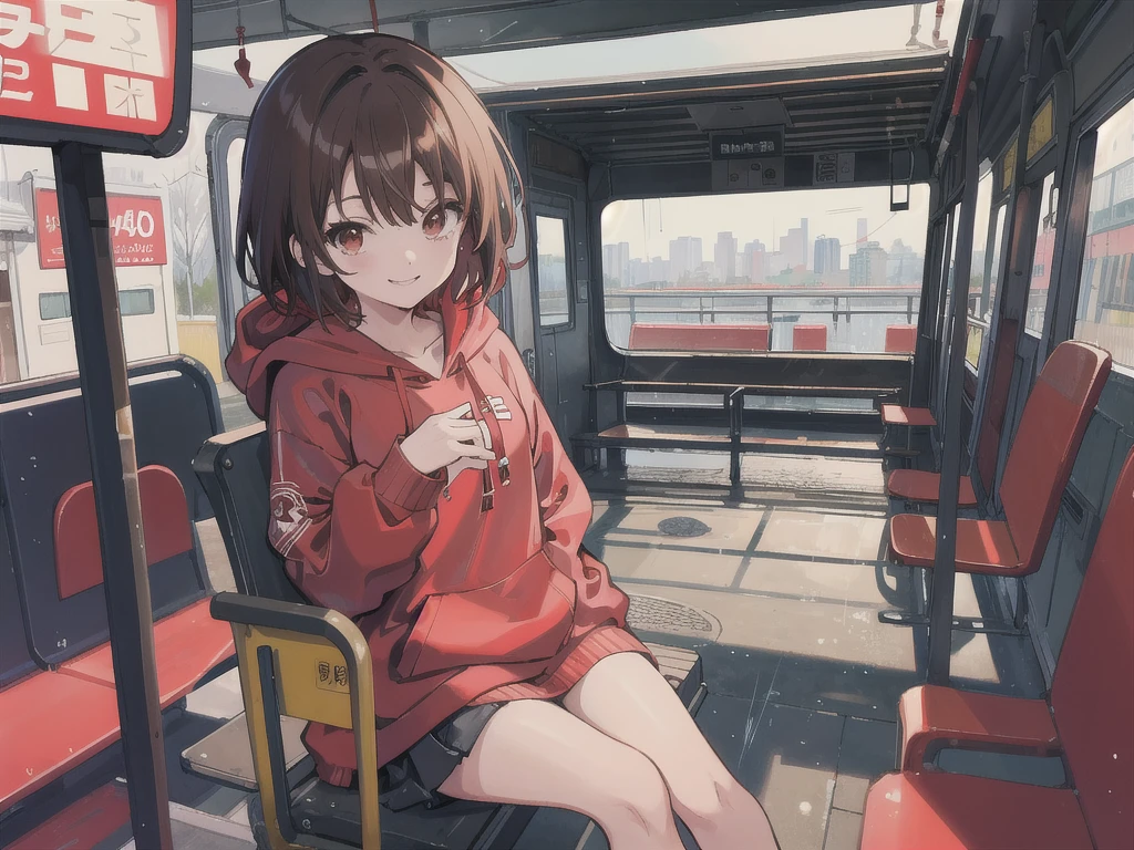 anime girl, brown hair, short hair, red hoodie, overhauls, sitting down, bus stop, raining, looking at phone, smiling, cute, melancholic 