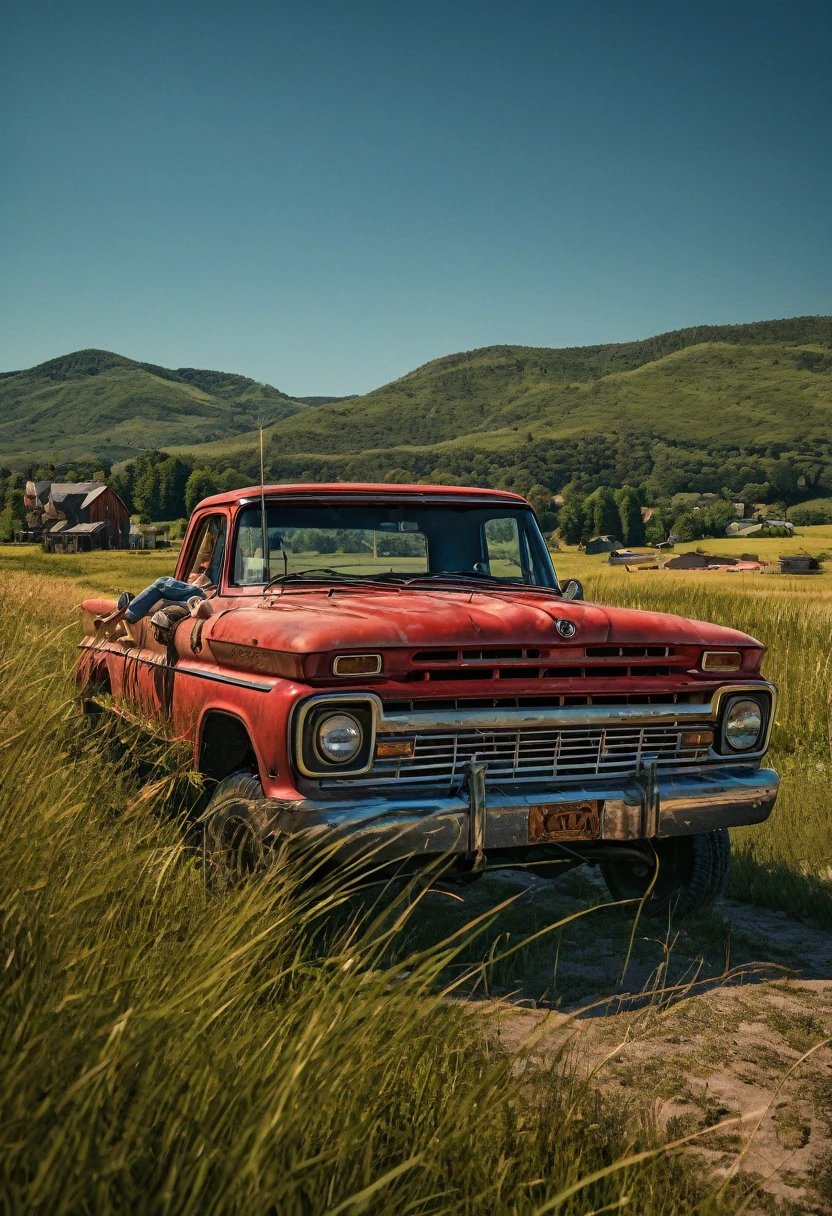 1grl, solo, Cinematic, realistic, UHD, A stunning photo by Steven Klein of a young supermodel in red flannel shirt and denim pants perched atop an old, weathered blue matte pickup truck. She exudes confidence and grace as she poses barefoot amidst tall wild grass. The rustic fence and quaint farmhouse in the background hint at a serene countryside setting. A majestic mountain row looms in the distance, adding depth and scale to the scene. The overall atmosphere of the photo is natural and serene, capturing the essence of a perfect summer day

