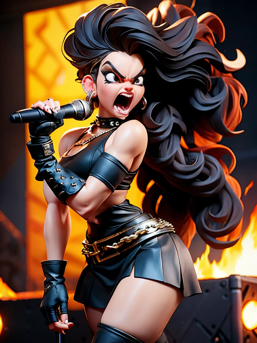 Extremely busty thin and toned brunette death metal singer, college girl, fair skin, big hair, hair pulled back, soft face, athletic, heavy makeup, piercings, black leather, studs, tight black top, boots, fingerless gloves, tight skirt, chains. standing on a stage, pyrotechnics, holding a microphone, metal concert. (microphone, fist in the sky), angry, rage, screaming. Heavy metal. Death metal. Explosions, fire.