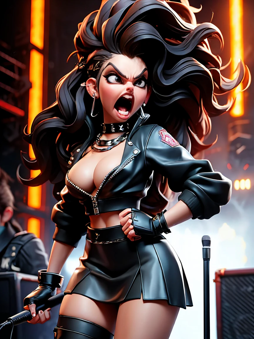 Extremely busty thin and toned brunette death metal singer, college girl, fair skin, big hair, hair pulled back, soft face, athletic, heavy makeup, piercings, black leather, studs, tight black top, boots, fingerless gloves, tight skirt, chains. standing on a stage, pyrotechnics, holding a microphone, metal concert. (microphone, fist in the sky), angry, rage, screaming. Heavy metal. Death metal. Explosions, fire.