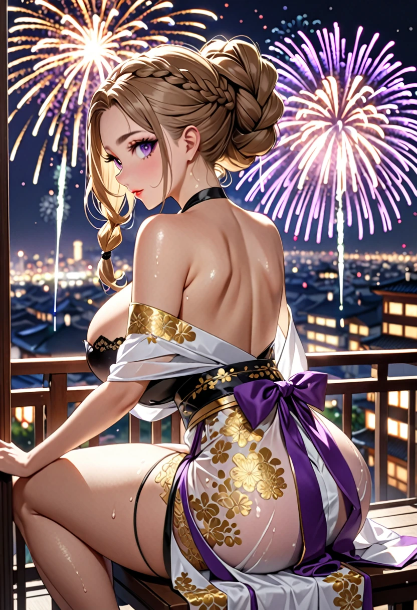 (((Highest quality, Ultra-high resolution、The most complex and detailed depiction)))、((masterpiece:1.3)), (8k, RAW Photos, Best image quality: 1.4), Very detailedな顔、Attention to detail、(Beautiful woman:1.4),(Realistic:1.4) (8k, RAW Photos,), (photo-Realistic:1.2), Very detailed, Beautiful attention to detail, (girl:1.3)Dark eyeliner、Eyelash length、False eyelashes、double eyelid、Brown eyes、Light fluorescent lip gloss, ((hostess:1.2)),(Huge breasts:1.6),、(Cleavage:1.2)、(((Light brown hair、braid one's hair、((Tie the braided hair behind your head,Put your braided hair up)))))、Gal-style makeup、Dark eyeliner、Black eyeliner、Heavy eye makeup、Eyelash length、False eyelashes、Eyelash length、Big eyes、Big black eyes、Big eyes、elongated nose、Heavy makeup、Face with gills、Spread your legs and look forward.、(((whole body)))、sexy、Glamorous Body、(Saggy breasts、Large saggy breasts)、((Sweat、Your body is wet))、((You can see the fireworks from the balcony))、(purple furisode、Gold embroidery),Looking back happily、Sit on the balcony、From the side、Beautiful nape