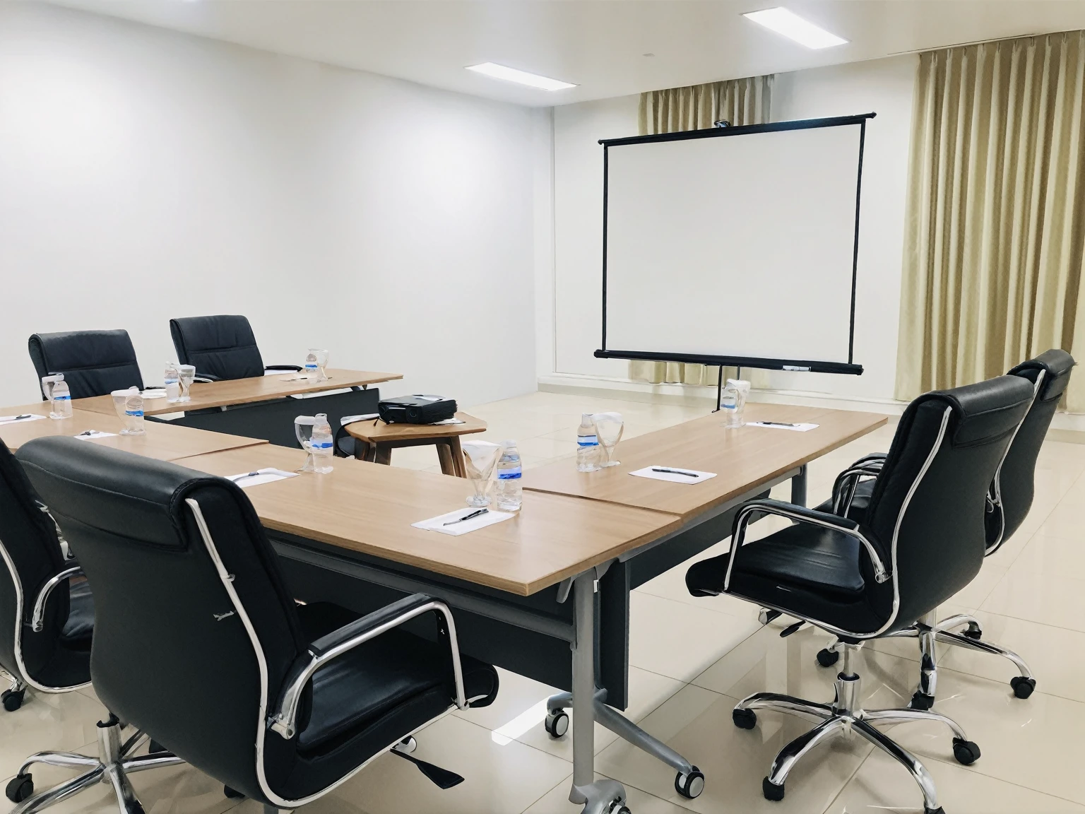 there are many chairs around a table with a projector screen, meeting room, corner, in a meeting room, eliran kantor, centre image, classroom, ready for a meeting, beautiful image, interior room, diy, with backdrop of natural light, 2 dimensional, office, medium angle, dimensional, superior look, center, full-body, full - body