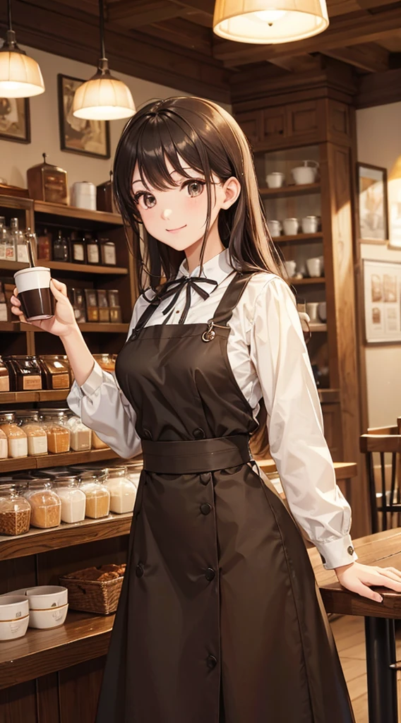 masterpiece,Highest quality,Stylish western style cafe,Female cafe attendant,Cafe clerk uniform,Detailed clothing,carry a coffee pot,Laughter,Bright atmosphere in the store