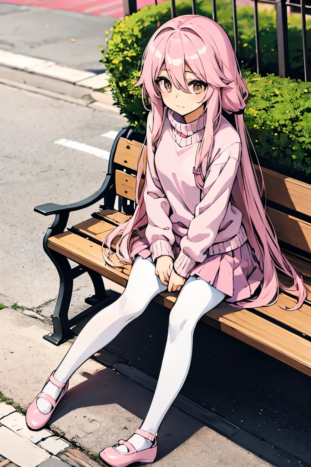 Anime girl, long hair, straight hair, pink hair, pink sweater, pink skirt, white pantyhose, Pink Ankle Strapped Ballerina Flat Shoes, Park, sitting on bench