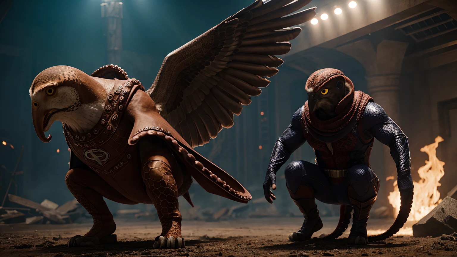 an octopus and a falcon, animals in superhero suits, cinematic, 8k, super detail, best quality