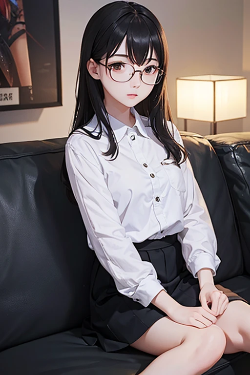 Highest quality、masterpiece、High sensitivity、High resolution、Detailed Description、Slender women、Glasses、Sitting on the sofa、During video games、