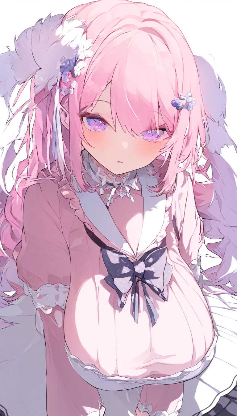 1 22-year-old girl, Pink Hair, Long double ponytail, Pink shirt, Fluffy collar, White fluffy skirt, White ribbon on hair, Lots of hair accessories, Lolita,(Huge breasts:1.8)