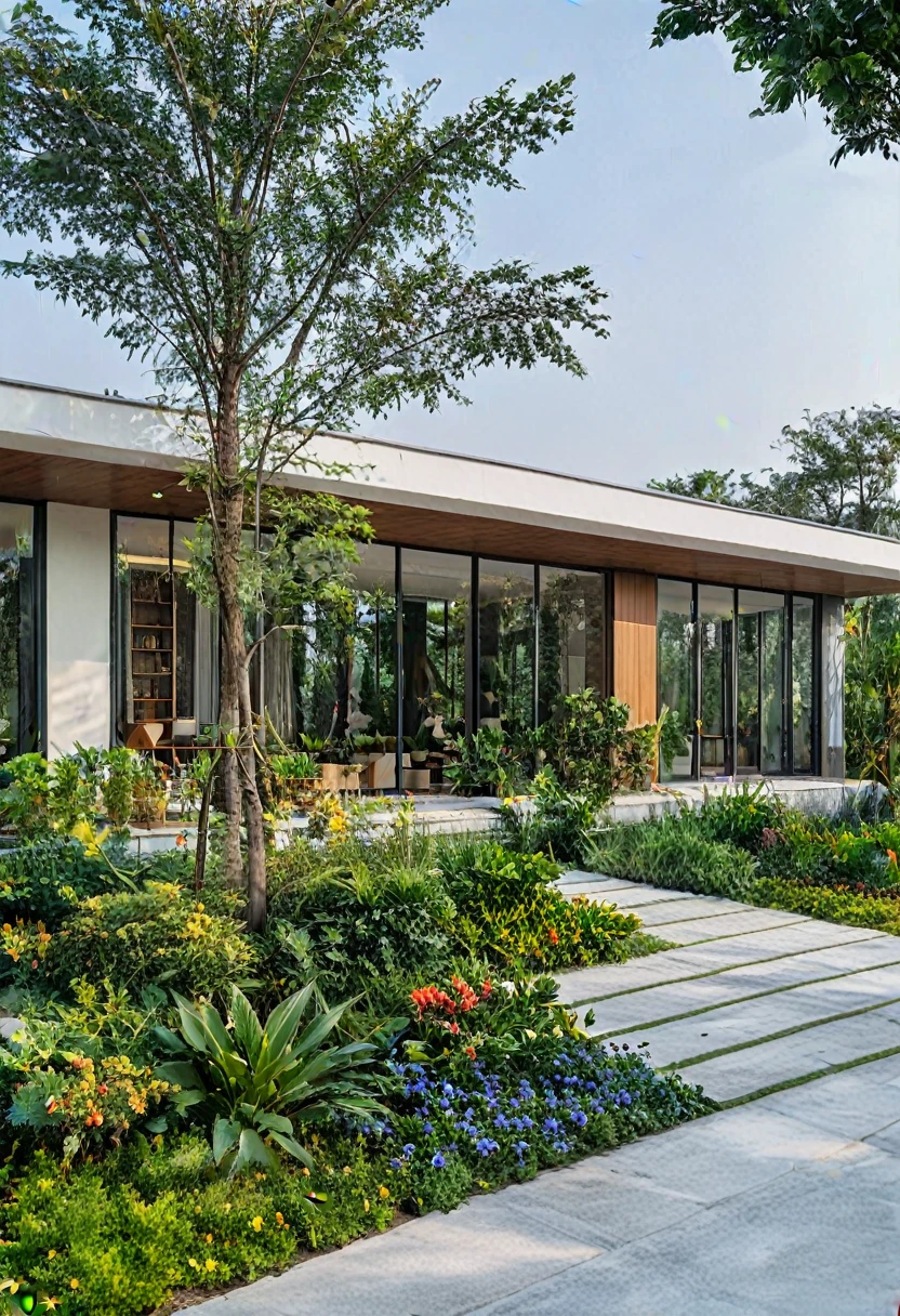 A hyper-realistic , a modern one-story house with a minimalist design, (very small house: 1.2) ,((with a facade less than 4 meters wide:1.2)), white and glass materials, wood,  The house has a flat roof, large floor-to-ceiling glass windows, The garden includes various tropical plants and trees. (house as the showroom mini furniture:1.2), front view, elevation view