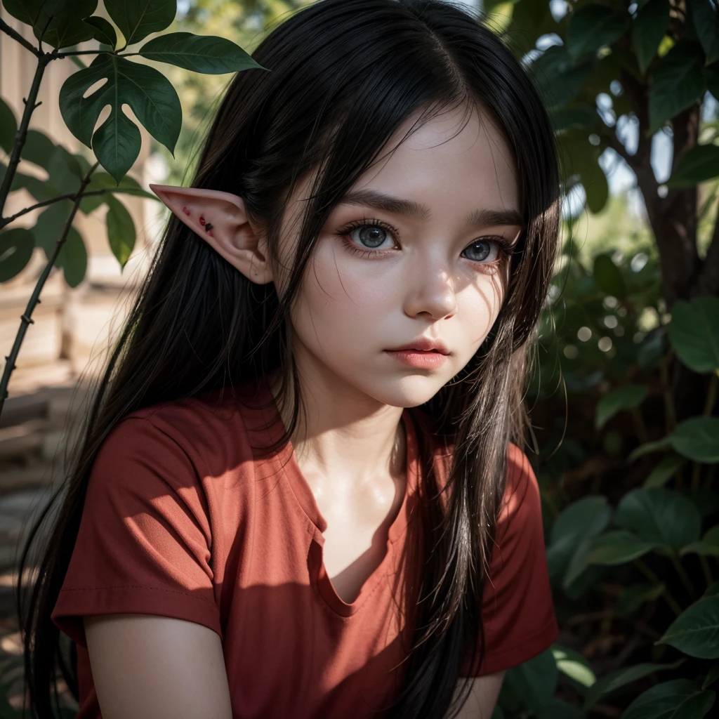 Humanoid creature, black eyes, elf ears, red shirt, holding a leaf