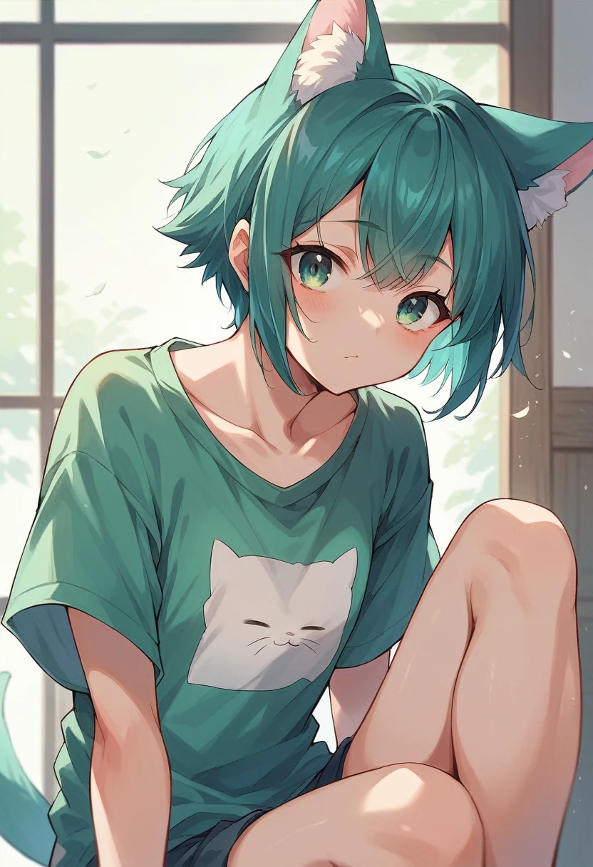a closeup of a cartoon character with fox ears, fox girl, mikudayo, anime moe art style, Cat Mimi, short hair, anime girl with teal hair