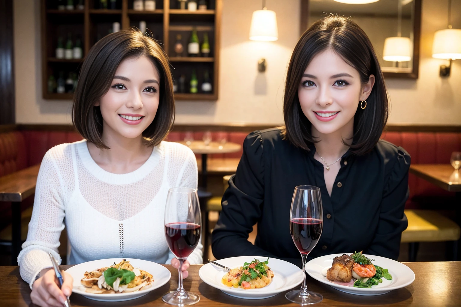 ((Highest quality、8k、masterpiece:1.3))、1 male、1 female、spouse、Beautiful couple、smile、full-course dinner、 (Slim face), (the body is スリム), (Brown Hair), (Shortcuts), ((Bob Hale、Straight hair:1.2)), テーブルの上のwine glass、Put the light on your face、 Amazing view of the sunset sky and clouds、smileの美しさ、Bright image、blush, Shortcuts, (Age 35), 39 years old, Appetizers、Italian food、Wine bottle、Champagne、sparkling wine、Long sleeve shirt、dress、Attractive beauty、restaurant, Nova Frog Style, actress, model, Upper Body, White wine, red wine, wine glass,