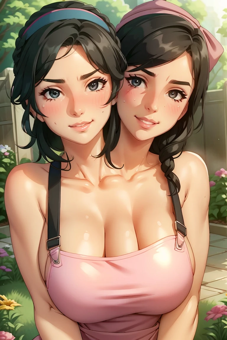 2heads, a tall thin woman with two heads. She is outside in a garden, she is gardening. She is very tall. She is very skinny. She has short black hair in a bun. She looks mature. She has very thick full lips. She is wearing overalls with a pink T-shirt underneath, and gardening gloves. She is wearing a bandana on her head. She is smiling. She is blushing. She looks sweaty and tired. Mature, milf. Flirty, flirtatious expression, flirty pose. Sweaty, sweating.