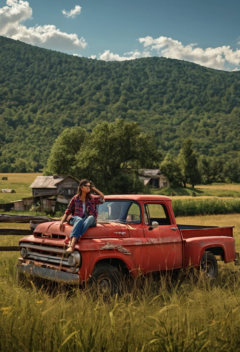 1grl, solo, Cinematic, realistic, UHD, A stunning photo of a young supermodel in red flannel shirt and denim pants perched atop an old, weathered blue matte pickup truck. She exudes confidence and grace as she poses barefoot amidst tall wild grass. The rustic fence and quaint farmhouse in the background hint at a serene countryside setting. A majestic mountain row looms in the distance, adding depth and scale to the scene. The overall atmosphere of the photo is natural and serene, capturing the essence of a perfect summer day